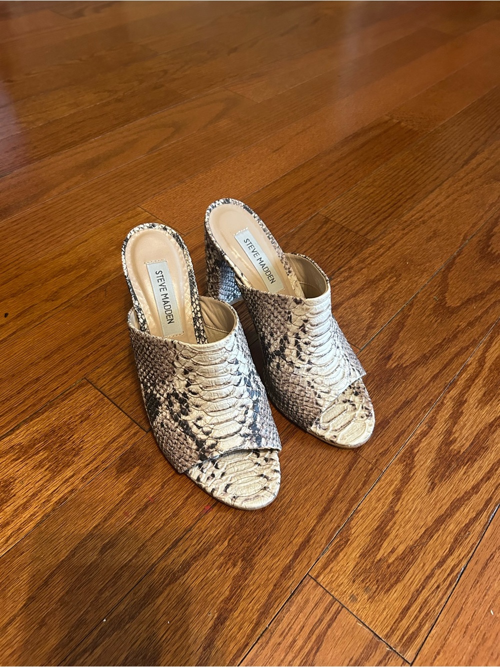 Steve Madden Snake-Print Open-Toe Mules in Beige and Black